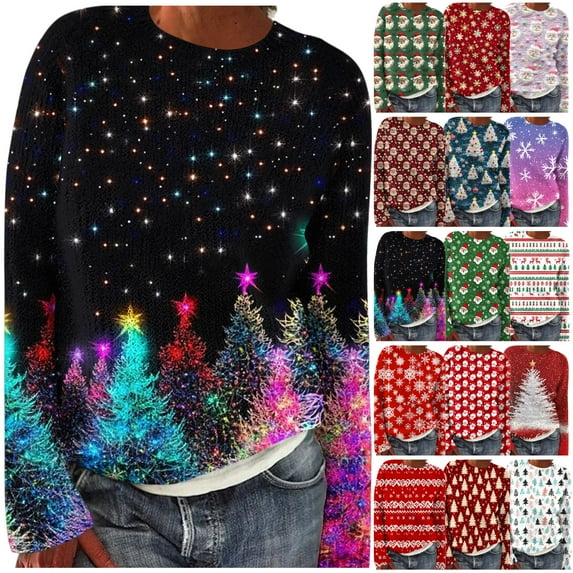 DDAPJ pyju Christmas Gifts for Women Funny Cute Sweater Graphic Print Long Sleeve Crew Neck Knitted Pullover Multicolor M