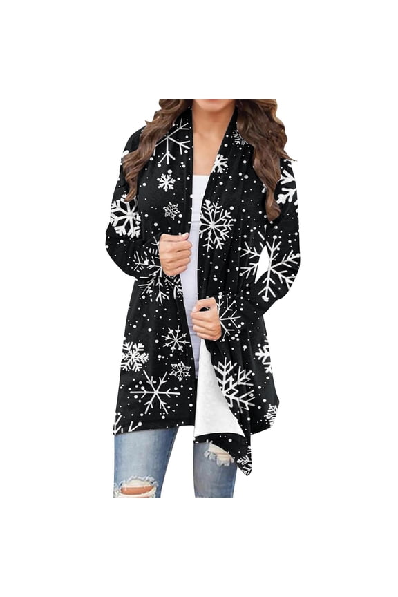 Christmas Gifts for Women Xmas Tree Snowflake Print Long Sleeve Cardigans Lightweight Open Front Dusters Black S