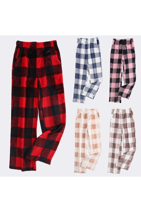 Christmas Plaid Fleece Pajama Pants for Women Comfy Lounge Pants Flannel Sleep Pant Sleepwear Elastic Waist Pj Bottoms Khaki L