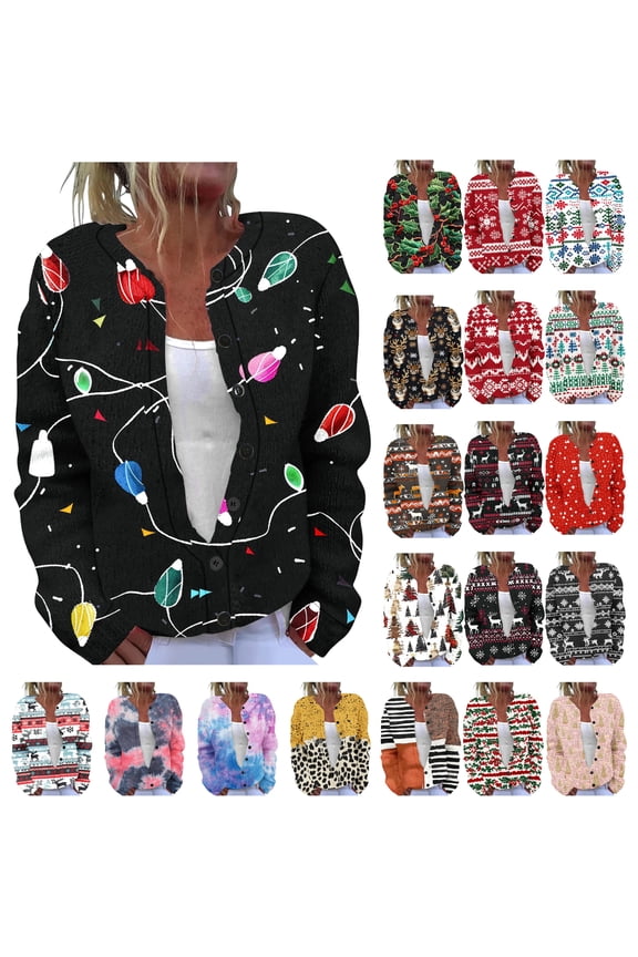 Christmas Sweaters Christmas Cardigan for Women Animal Floral Christmas Tree Long Sleeve Button Knit Cardigan Sweater Multicolor XXXL
