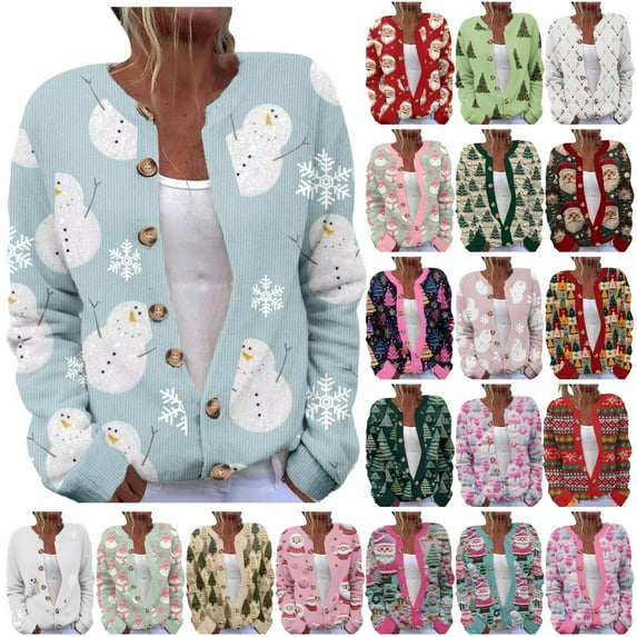 DDAPJ pyju Christmas Sweaters for Women Funny Xmas Tree Print Button Up Cardigans Plus Size Cozy Knitted Outerwear Multicolor S