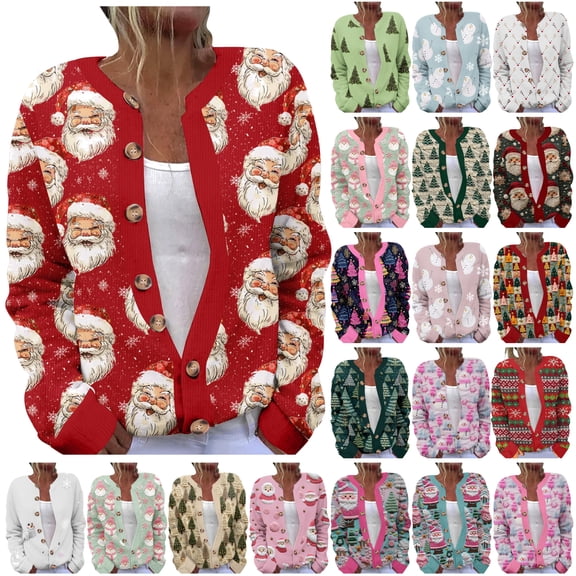 DDAPJ pyju Christmas Sweaters for Women Long Sleeve Ugly Funny Xmas Tree Print Button Cardigans Fall Winter Soft Knitted Outerwear Multicolor L