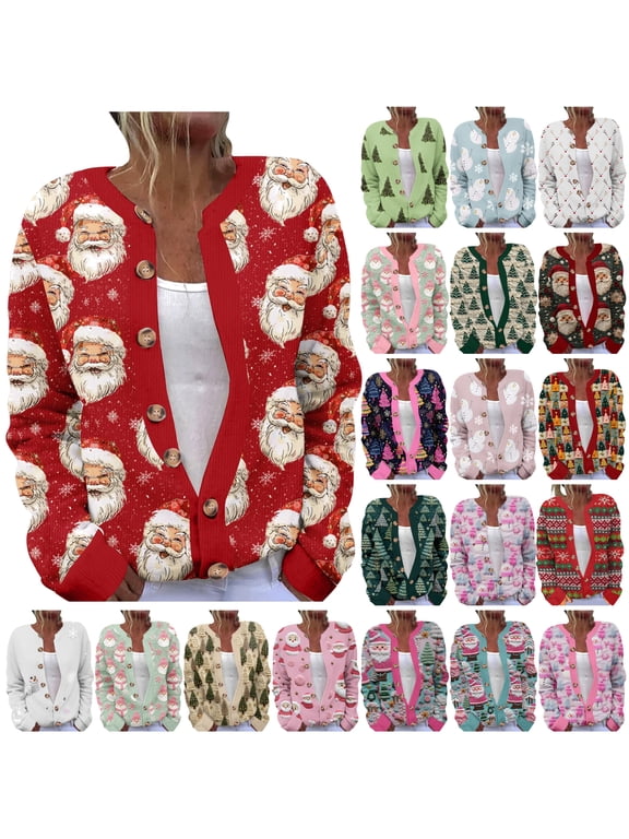 Christmas Sweaters for Women Long Sleeve Ugly Funny Xmas Tree Print Button Cardigans Fall Winter Soft Knitted Outerwear Multicolor L