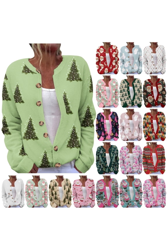 Christmas Sweaters for Women Ugly Funny Xmas Tree Print Open Front Button Down Cardigans Casual Long Sleeve Crewneck Button Down Cute Santa Print Cardigan Multicolor XL