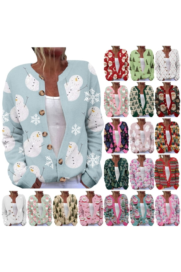 Christmas Sweaters for Women Ugly Funny Xmas Tree Print Open Front Button Down Cardigans Casual Long Sleeve Crewneck Button Down Cute Santa Print Cardigan Multicolor L