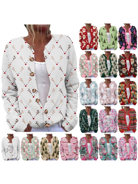 Christmas Sweaters for Women Funny Xmas Tree Print Button Up Cardigans Plus Size Cozy Knitted Outerwear Clearance Sales Today Multicolor L