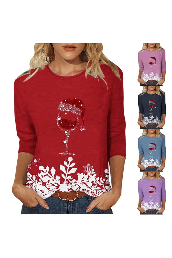 Christmas T-shirts for Women Sequin Wine Glass Print 3/4 Length Sleeve Tops Cute Snowflake Graphic Tees Loose Fit Crewneck Pullover Blouse Red M
