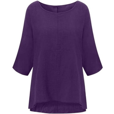 DDAPJ pyju Clearance Prime Day Cotton Linen Shirt for Women,3/4 Sleeve Crew Neck Longshirt Vintage Solid Blouse Loose Flowy Tops Plus Size S - 5XL