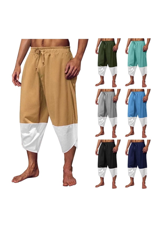 ! Mens Cotton Linen Capri Pants Color Block Casual Beach Pants Drawstring Yoga Harem Pants with Pockets Army Green M