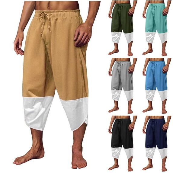 DDAPJ pyju ! Mens Cotton Linen Capri Pants Color Block Casual Beach Pants Drawstring Yoga Harem Pants with Pockets Army Green M