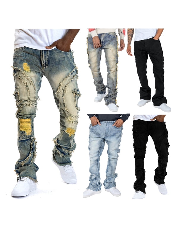 Clearance Sales Today! Stacked Jeans Men Ripped Raw Trim Skinny Jean Pants Vintage Denim Pants Fashion Streetwear Trousers Yellow XL