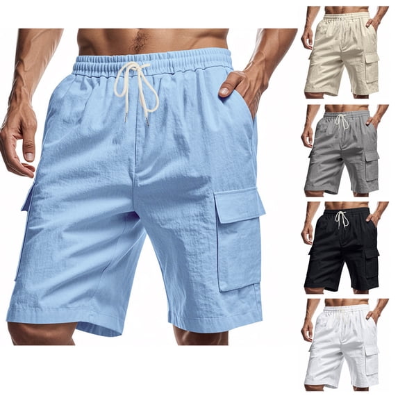 DDAPJ pyju Clearance Today! Linen Cargo Shorts for Men Drawstring Summer Beach Shorts Lightweight Comfy Lounge Sweat Shorts with Multi Pockets Gray L