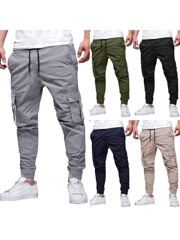 Clearance Today Prime! Mens Cargo Pants Twill Casual Hiking Pants Drawstring Workout Joggers Tapered Sweatpants with Pockets Black S