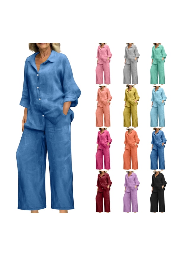 Cotton Linen 2 Piece Sets for Women 2025 Summer Long Sleeve Shirts Wide Leg Pants Matching Set Plus Size Vacation Outfits 70% off Birthday Gifts Orange L
