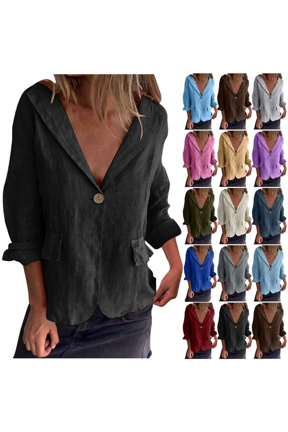 Cotton Linen Blazer Women Long Sleeve One Button Suit Jackets Business Casual Work Outwear Coat Gray XXL