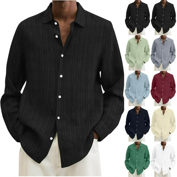 DDAPJ pyju Cotton Linen Long Sleeve Shirts for Men Solid Textured Dress Shirt Business Casual Button Down Shirts Navy S