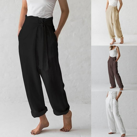 DDAPJ pyju Cotton Linen Pants for Women Vintage Wrap Tie Waist Wide Leg Pants Elegant Casual Palazzo Pants Solid Color Comfy Baggy Lounge Pants with Pockets Daily Sales Khaki L