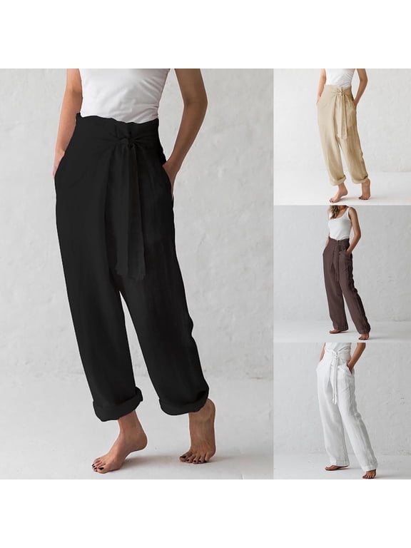 Cotton Linen Pants for Women Vintage Wrap Tie Waist Wide Leg Pants Elegant Casual Palazzo Pants Solid Color Comfy Baggy Lounge Pants with Pockets Black L