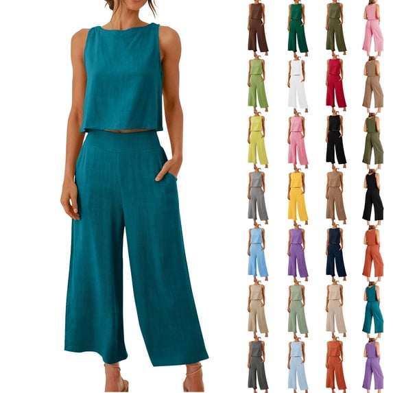 DDAPJ pyju Cotton Linen Sets for Women 2 Piece Sleeveless Shirts & Wide Leg Pants Casual Loose Summer 2 Piece Outfits Coffee S