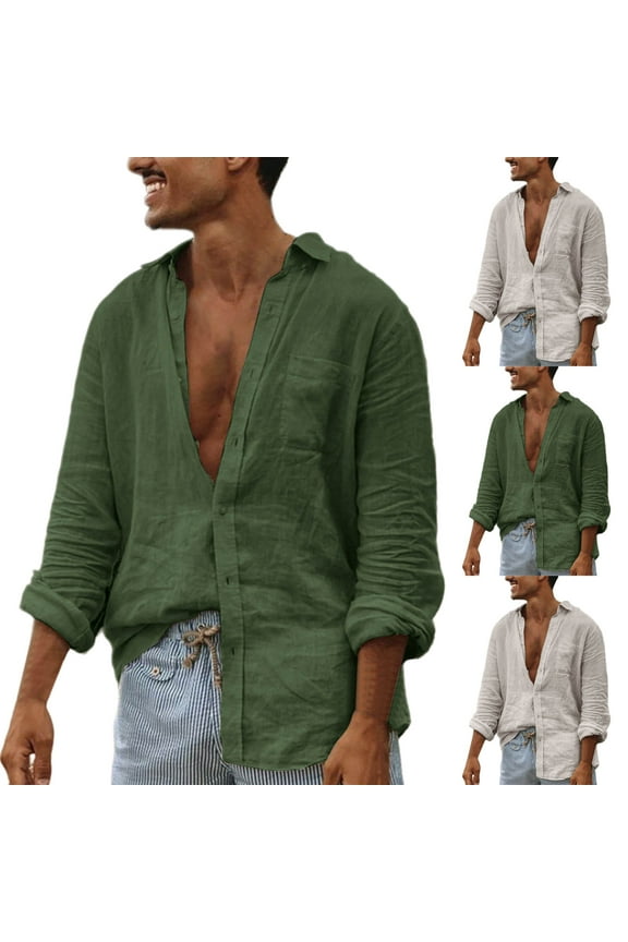 Cotton Linen Shirt for Men Long Sleeve Solid Casual Button Down Shirts Lightweight Spread Collar Beach Vacation Tops Green XL
