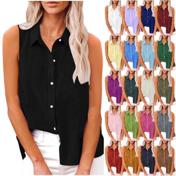 DDAPJ pyju Cotton Linen Shirts for Women Sleeveless Collared Tops Oversized Button Up Blouses Lightweight Breathable Summer Casual Work Shirt Limited Time Sales Red M