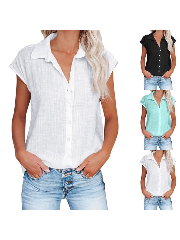 Cotton Linen Shirts for Women Short Sleeve Button Down Shirt Casual Solid Collared Blouse Vacation Beach Summer Tops Concert Outfit XXL