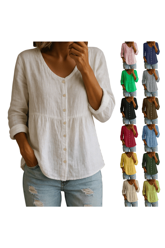 Cotton Linen Shirts for Womens V Neck Roll Up Long Sleeve Shirt 2026 Spring Casual Loose Button Down Blouses Work Tops White L