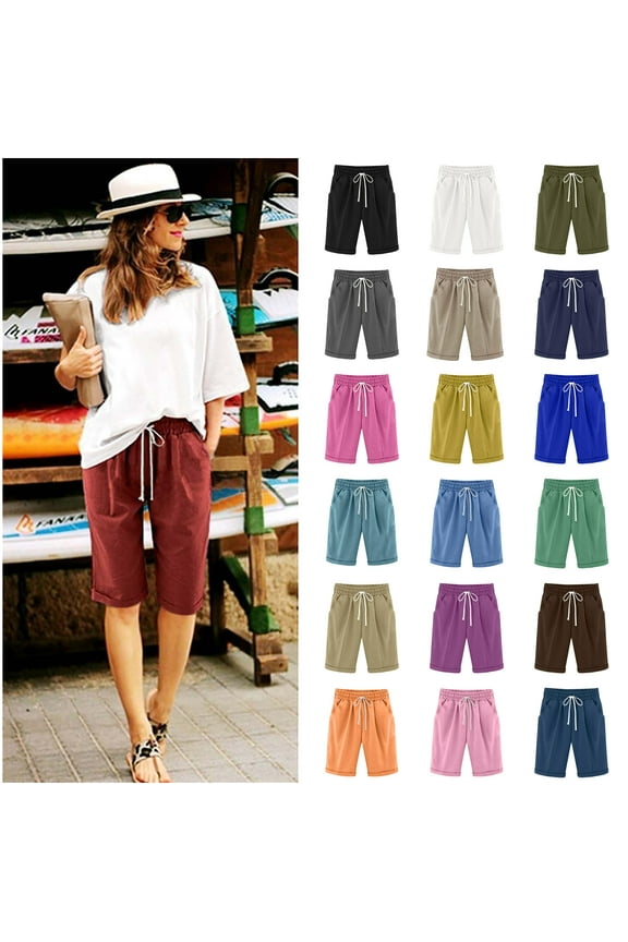 Cotton Linen Shorts for Women Summer Casual Bermuda Shorts Drawstring High Waisted Below Knee Length Shorts with Pockets Yellow XXL