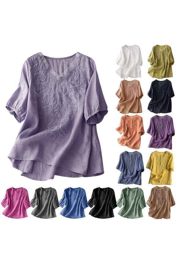 Cotton Linen Tops for Women 2026 Summer Floral Embroidery Shirts V Neck Short Sleeve Casual Loose Blouses Z2-Khaki#womens floral embroidered shirt M