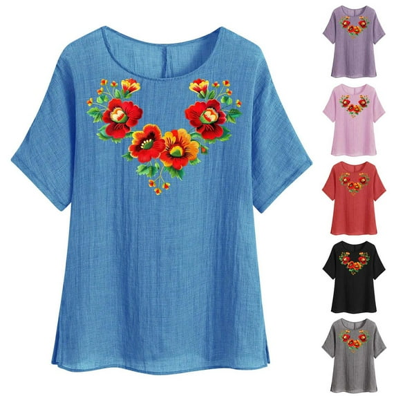 DDAPJ pyju Cotton Linen Tops for Women Vintage Floral Print Short Sleeve T-shirt Side Slit Round Neck Blouse Tees Lightweight Summer Blouses Daily Sales Red L