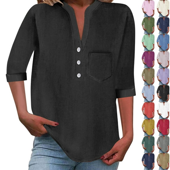 DDAPJ pyju Cotton Tops for Women 3/4 Sleeve V Neck Linen Shirts Summer Casual Loose Fit Button Up Henley Shirts with Pocket Blue L