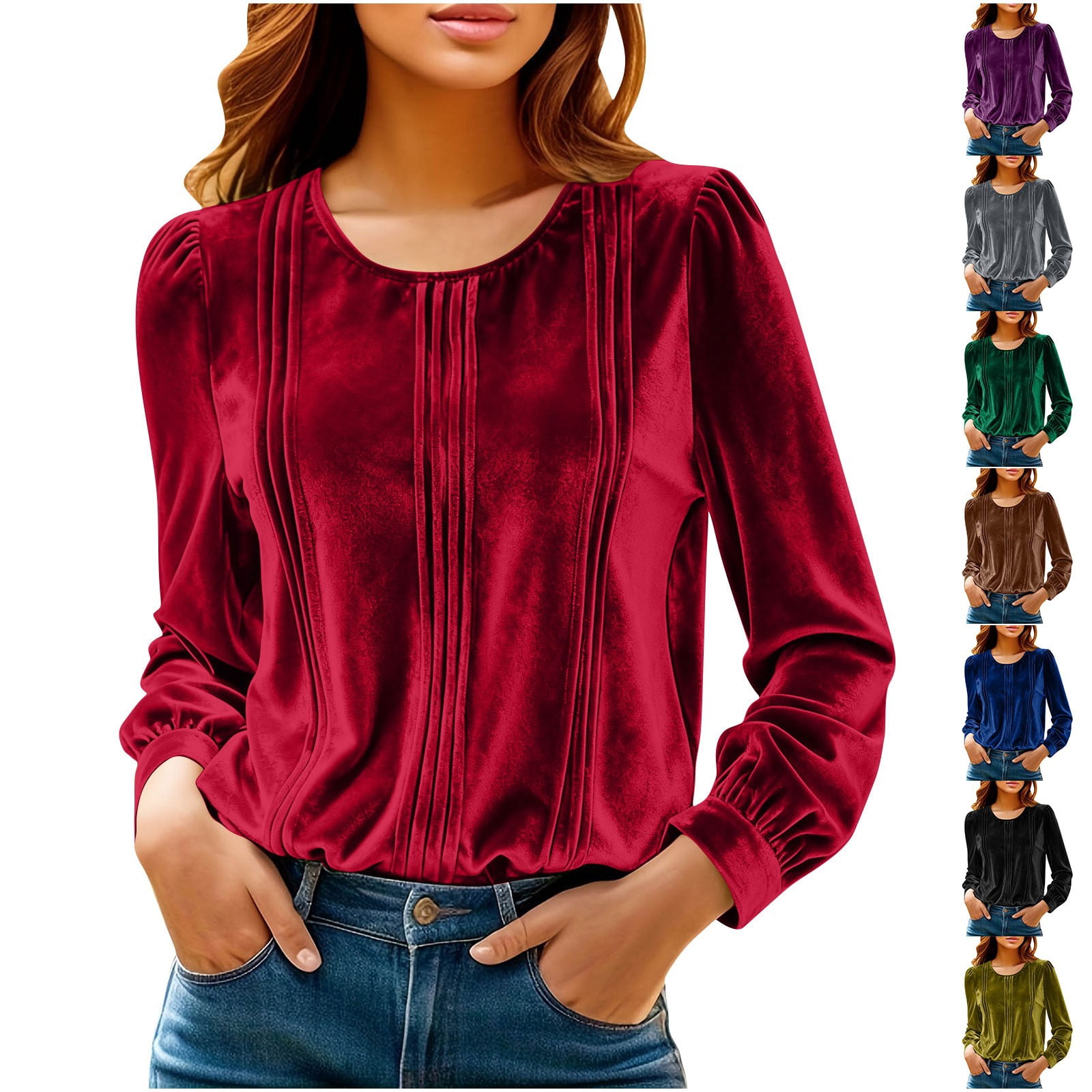 DDAPJ pyju Crewneck Pleated Velvet Tops for Women Long Sleeve Vintage ...