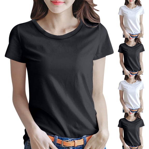 DDAPJ pyju Short Sleeve T Shirts for Women Basic Tees Cropped Tshirts Casual Summer Tops Crewneck Plain Petite Tops Black M