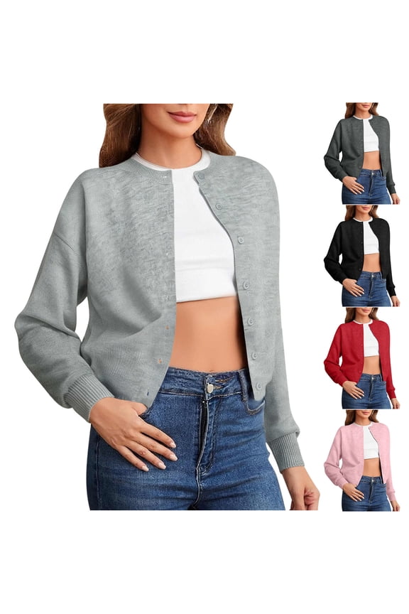 Cropped Cardigan Sweaters for Women Long Sleeve Button Down Cardigans Open Front Knit Bolero Shrugs Red S