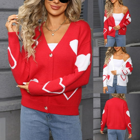 DDAPJ pyju Cropped Cardigans for Women Cute Heart Pattern Knit Cardigan Sweaters Button Down Long Sleeve V Neck Sweater Jacket Red S