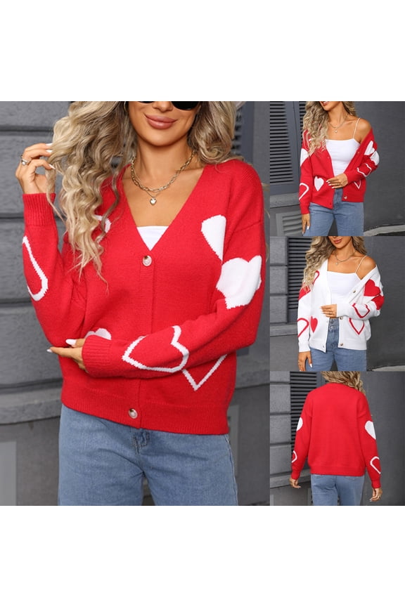 Cropped Cardigans for Women Cute Heart Pattern Knit Cardigan Sweaters Button Down Long Sleeve V Neck Sweater Jacket White M
