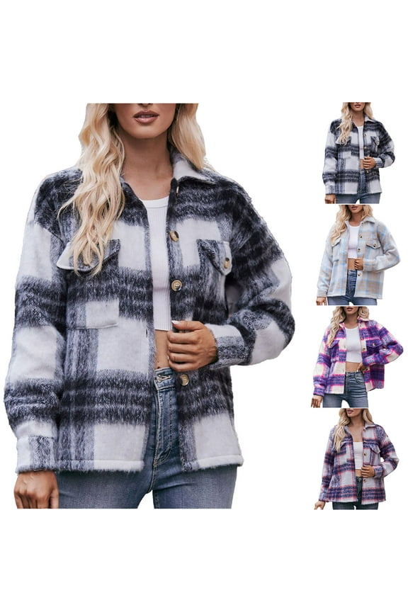 Cropped Jackets for Women Plaid Shacket Trendy Casual Button Down Shirt Jacket with Pockets Gray S