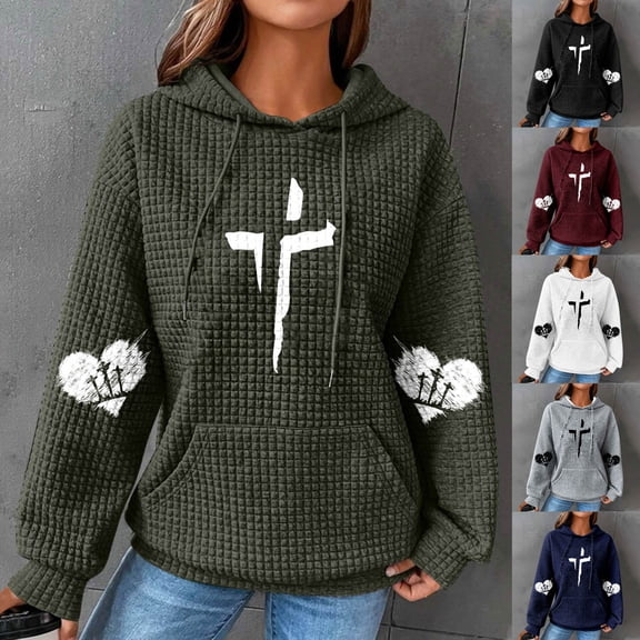 DDAPJ pyju Cross Graphic Hoodies for Women Waffle Knit Hooded Sweatshirt Loose Casual Pullover Hoodie Christian Blessed Sweatshirts with Kangaroo Pocket Blue XXL