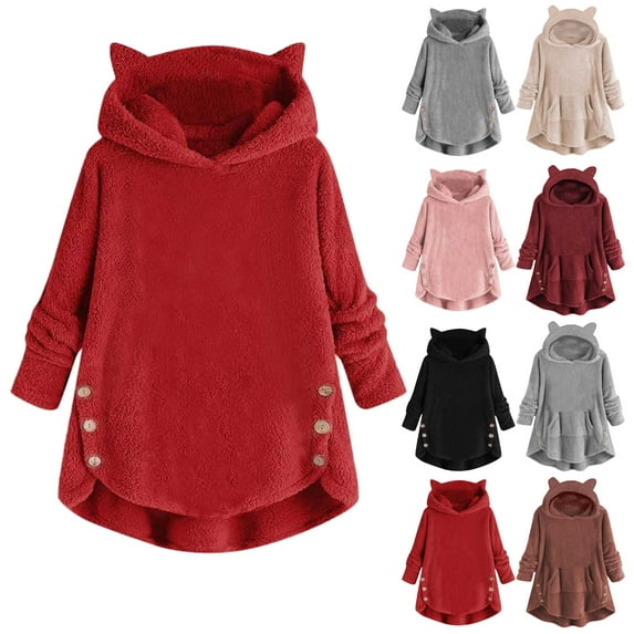 DDAPJ pyju Cute Cat Ear Hoodies for Women Winter Warm Fuzzy Fleece Sherpa Pullover Oversized Plush Sweatshirt with Pocket Gray L