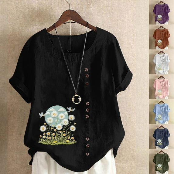 DDAPJ pyju Cute Summer Tops for Women Floral Print Tshirt Dressy Casual Round Neck Blouse Baggy Linen Summer Tees on Sale White XL