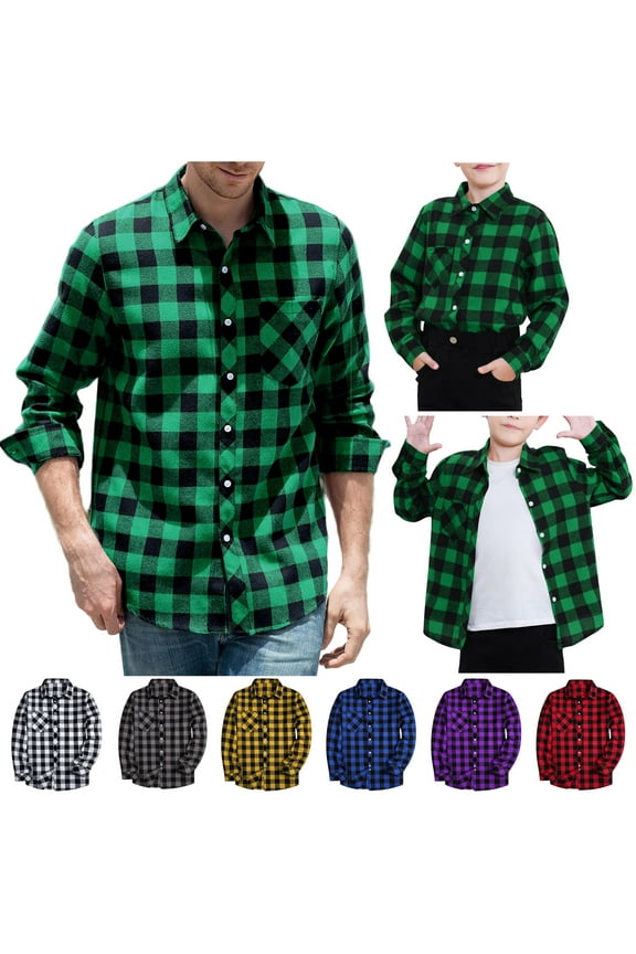 Dad and Son Matching Plaid Shirts Long Sleeve Casual Button Down Shirts Lightweight Shackets Blue L