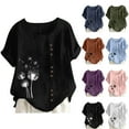 thumbnail image 1 of DDAPJ pyju Dandelion Shirt for Women Cute Print Crew Neck Short Sleeve Linen Tops Baggy Casual Summer Blouse Tees Big Sales Today Navy M, 1 of 5