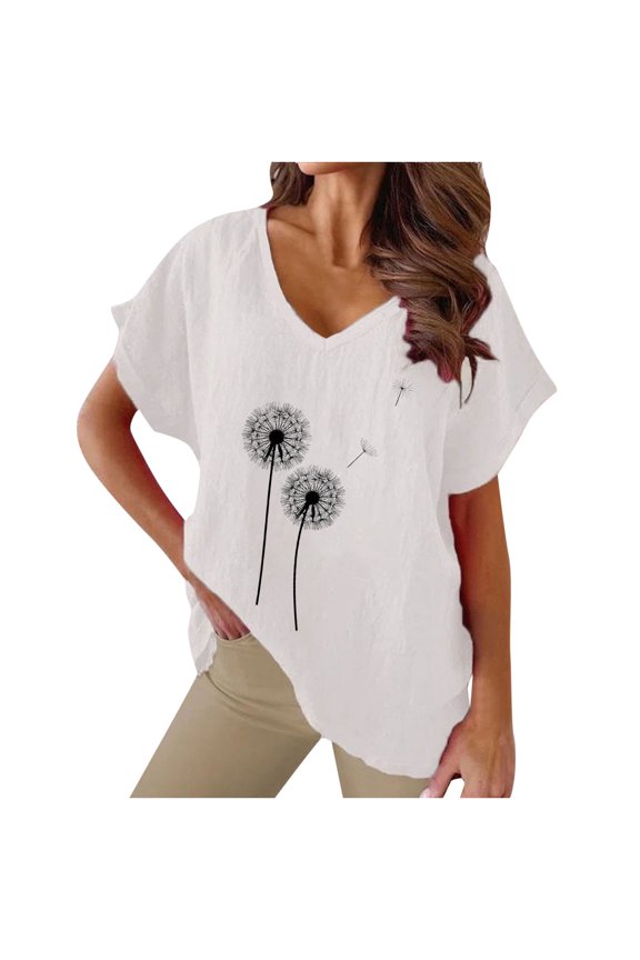 Dandelion Tops for Women Summer Short Sleeve Cotton Linen Shirts Loose Casual V Neck Blouses Make A Wish T-shirts White XXXL