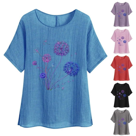 DDAPJ pyju Dandelion Tops for Women Cotton Linen Short Sleeve T-shirt Loose Comfy Beach Blouse Casual Summer Tees Limited Time Sales Black S