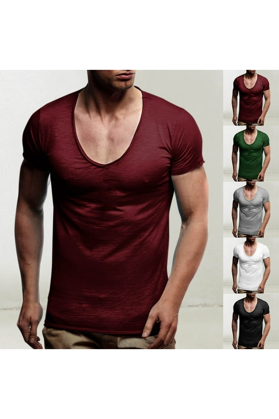 Deep V Neck T Shirt for Men Low Cut Short Sleeve Tees Stretch Muscle Gym Workout Tee Shirts Army Green M