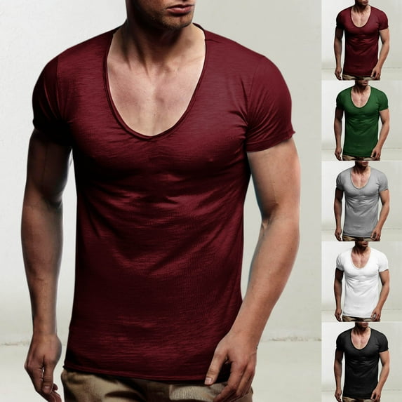 DDAPJ pyju Deep V Neck T Shirt for Men Low Cut Short Sleeve Tees Stretch Muscle Gym Workout Tee Shirts Gray XXL