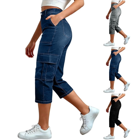 DDAPJ pyju Denim Capris for Women Elastic High Waisted Pull On Jeans Lightweight Ripstop Cargo Hiking Work Cropped Pants with Multi Pockets Black S