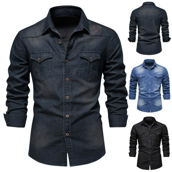 DDAPJ pyju Denim Dress Shirt for Men Long Sleeve Lapel Casual Button Down Shirts Western Cowboy Work Shirt Distressed Washed Jean Shirts Navy XL
