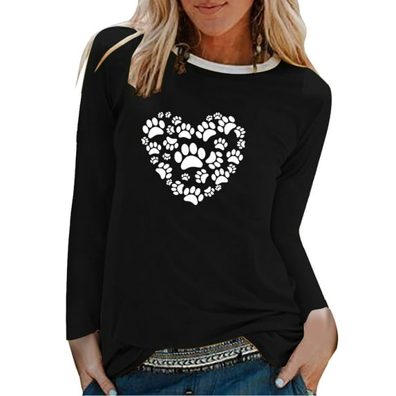 DDAPJ pyju Dog Lover Gifts for Women Dog Paw Love Heart Print T-Shirt Dog Mom Graphic Tees Loose Casual Long Sleeve Crewneck Pullover Tops Black XXL
