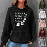 DDAPJ pyju Dog Mom Hoodies for Women Cute Dog Paw Print Hooded Sweatshirt Funny Letter Graphic Hoodie Waffle Knit Drawstring Pullover Tops 2025 Gifts Ideas Pink M